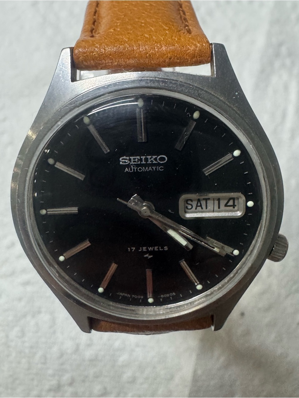 Seiko Black Dial Watch with Tan Leather Strap